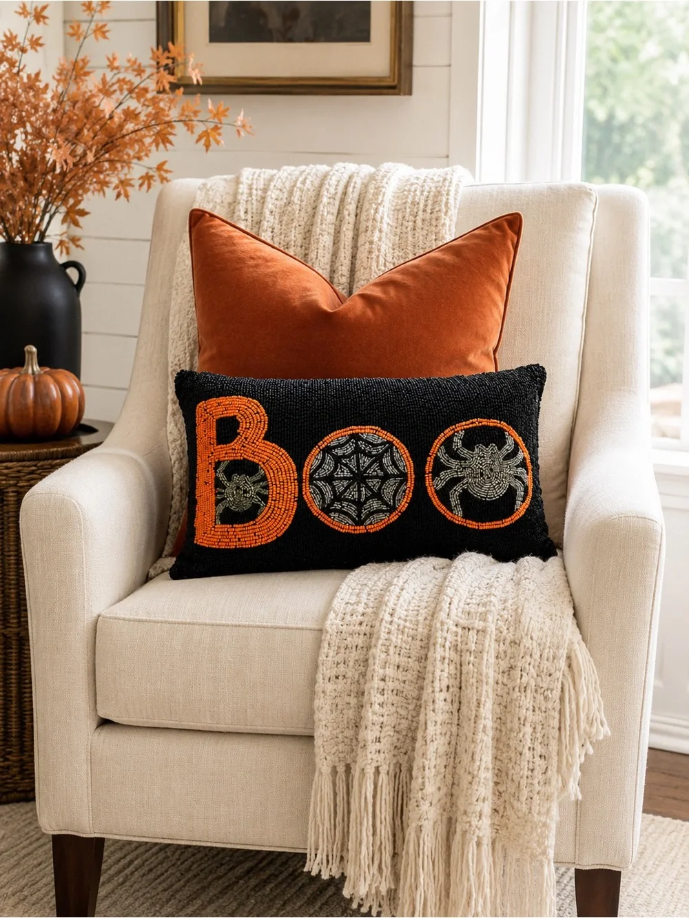 NWT WOWW Living Beaded “BOO” Spider Web Halloween Lumbar Pillow Black Orange
